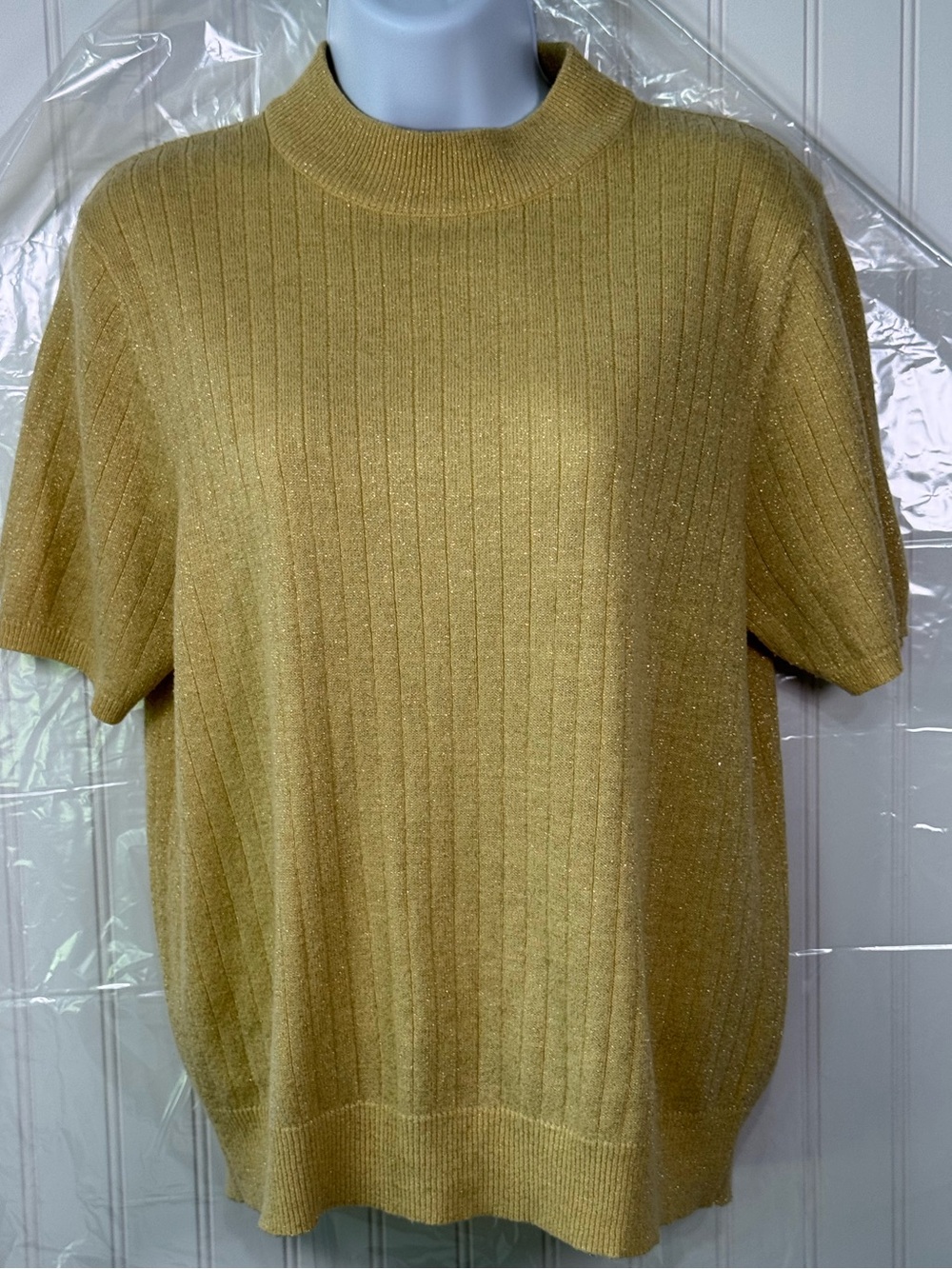 Sag Harbor Sparkle Ribbed Short-Sleeve Sweater Shirt - Gold